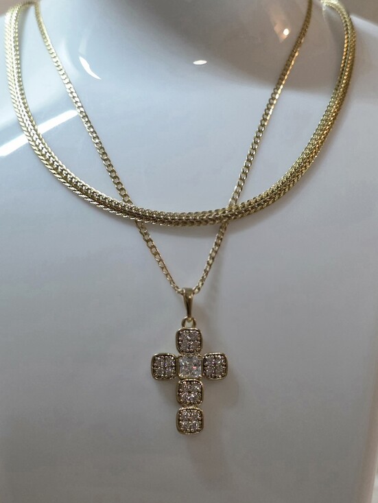 Jewelry - Cross Cubic Pendant Layered Foxtail/Franco 20" & Cuban 24" Necklace Set